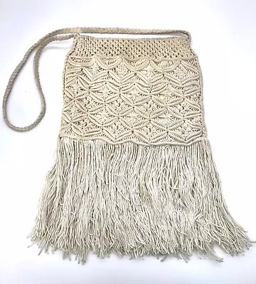 Vintage Ivory Beige Macrame Woven Long Fringe Lined Purse Crossbody Boho 70s 80s • $21.95