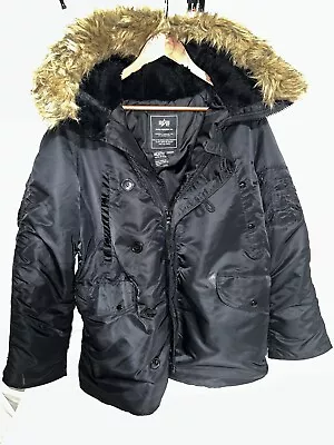 Vintage Alpha Industries Heavy Duty Black Parka Jacket W/ Faux Fur Hood. N-3B. • $160