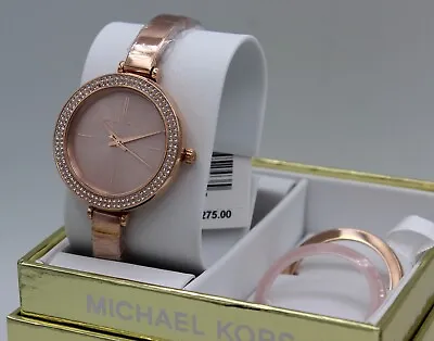 New Authentic Michael Kors Carey Rose Gold Pink Crystals Mk4435 Womens Watch Set • $109.99