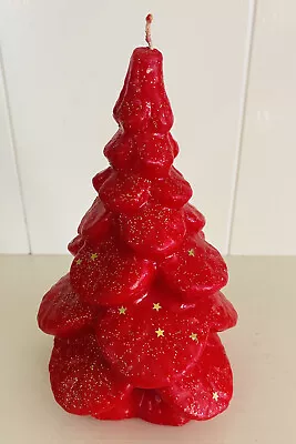 Vintage Red Glitter Christmas Tree Wax Candle 7.5” Gurley-Style Decor Gold Stars • $6.95