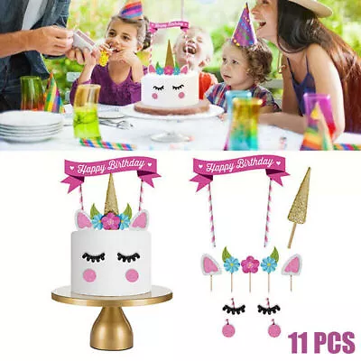 HOT!! 11Pcs Unicorn Happy Birthday Cake Topper Set Eyes Ear Kids Girls Decoratio • $6.99