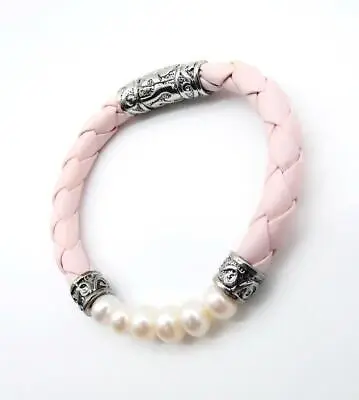 GENUINE Pearls Pink Braided Cord Antique Filigree Magnetic Barrel Clasp Bracelet • $21.59