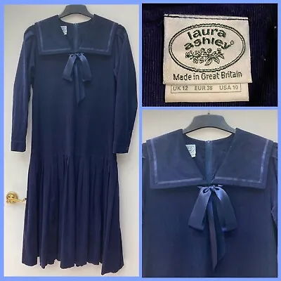 £89.99 • Buy Vintage LAURA ASHLEY SAILOR Dress 12 Gatsby Victorian Edwardian Navy Cord WINTER