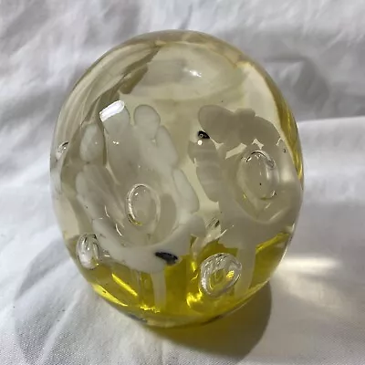 $30 • Buy Oval Glass Paperweight 4.5 Inches Tall, Clear Teardrops W/white Flowers, Yellow
