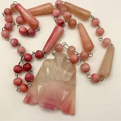 Vintage Mayan Style Carved Stone Head Beaded Necklace Rose Quartz Marble • $24.99