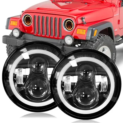 $39.09 • Buy Pair 7  Inch Round LED Headlights Halo Angle Eyes For Jeep Wrangler JK LJ TJ CJ