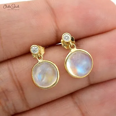 Moonstone Dangle Earrings 8mm Gemstone Earrings 14K Yellow Gold Diamond Earrings • $322.24