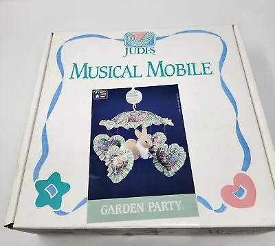 Vtg 1996 JUDI•S Musical Baby Girl Crib Mobile Garden Party Bunny Fabric Cottage • $34.12