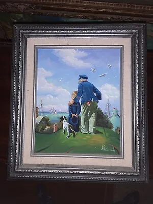 OIL ON CANVAS Grandfather Boy Dog Boats Ships Fishing  15” X 13 Framed C MANUEL • £54.85