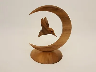 Handcarved Myrtle Wood Crescent Moon + Hummingbird Flying Sculpture • $49.95