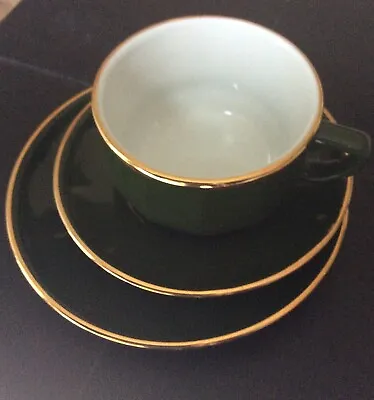 APILCO - Trio Of BISTRO GREEN & GOLD Cup Saucer And Side Plate - Excellent • £4.99