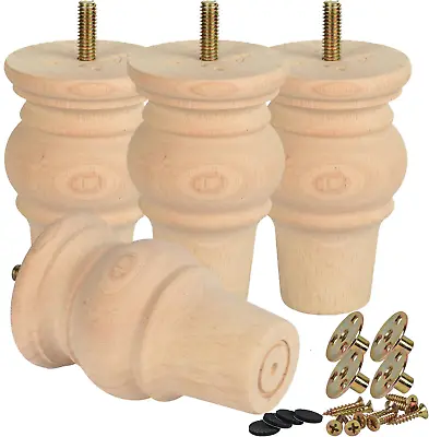 4 Inch Wooden Furniture Legs Solid Unfinished Bun Feet With 5/16 Inch Bolt • $23.81