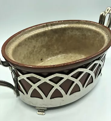 Vintage Weller Redware Casserole Dish With Ornate Metal Carrier No Lid • $14.54