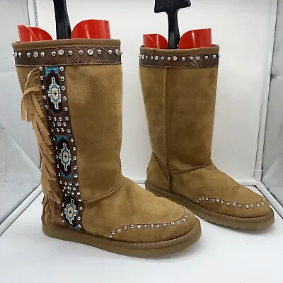 Montana West Light Brown Suede Sherpa Boots W/Beading & Silver Studs Size 8 • $49.99