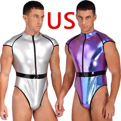 US Men's Astronaut Costume Shiny Leotards Zipper Front Patent Leather Bodysuit • $13.62