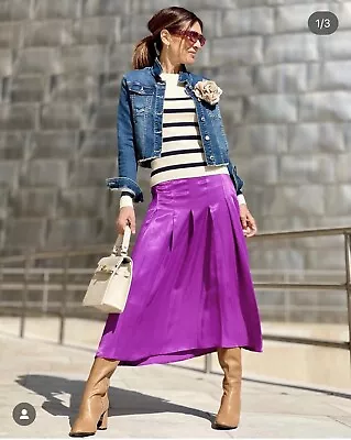 Nwt_zara Woman Ss23 Satin Effect Box Pleat Skirt Purple | 2298/189 • $29