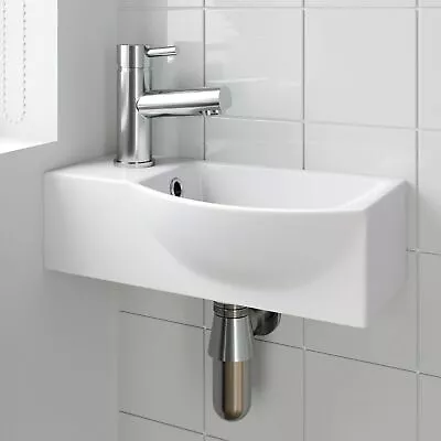 Bathroom Wall Hung Basin Corner Hand Wash Sink 1 Tap Hole White Cloakroom Modern • £44.99