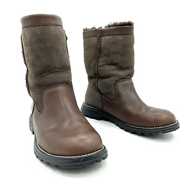 Ugg Brooks Brown Leather Shearling Lined Boots Women's Size 7 • $76.98