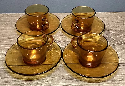 Vintage Amber Glass Tea Cups VERECO FRANCE Tea Cup & Saucer -  8 Pieces (4) Sets • $17.95