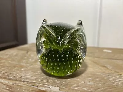 Vintage Pilgrim Art Glass Owl Paperweights Controlled Bubbles Olive Green • $0.99