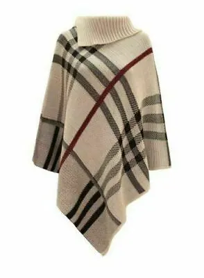 LADIES Women CAPE TARTAN CHECK PONCHO SHAWL STRETCH KNITTED COLLAR JUMPER TOP • £11.99