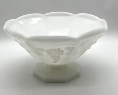 Large 9  Anchor Hocking White Milk Glass Footed Compote Fruit Bowl Grapes Leaves • $10.79