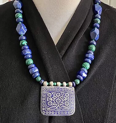 Multan Floral Motif Enameled Vintage Afghan Lapis & Malachite Signed Necklace • $250