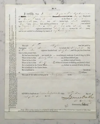 $254.96 • Buy Antique Civil War Discharge Document Signed By Brigadier General James Oakes 