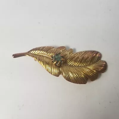 Vintage Feather Plume Leaf Brooch Pin With Jade Stone 2  Gold Tone • $17.99