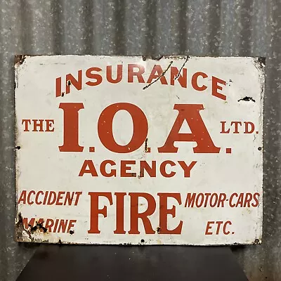 I.O.A. INSURANCE AGENCY FIRE MOTOR CARS MARINE Genuine Vintage Large Enamel Sign • $399