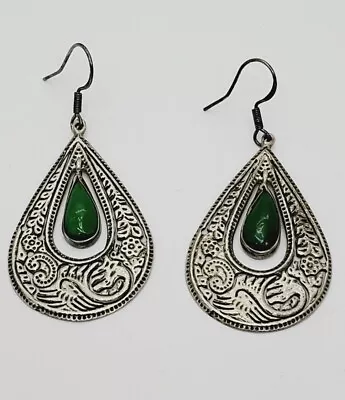 Vintage Amazing Chinese Export Silver Green Stone DRAGON Earrings (98) • $32.50