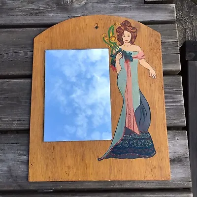 Old Vintage Retro 1970s Design Mirror With A Handpainted Mucha Female Design • £25