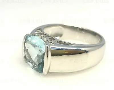 Tension Set Cushion Cut Simulated Aquamarine Mens Ring 14K White Gold Silver • $299