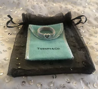 £140 • Buy Tiffany & Co. Silver Heart Mesh Band Ring Size S/T