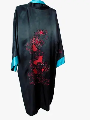 Vtg Mens M Kimono Long Satin Robe Black Red Reversible Embroidered Dragon • $79.95