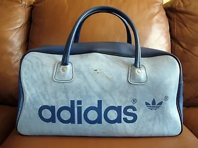 Vintage 70's/80's Adidas Originals Blue Leather Travel Handbag Duffle Gym Bag • $129.99