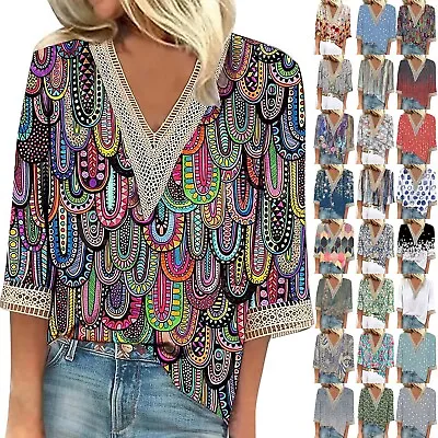 $25.69 • Buy Women's Summer V-Neck Tops T-Shirts Ladies Floral Casual Blouse Tee 3/4 Sleeve