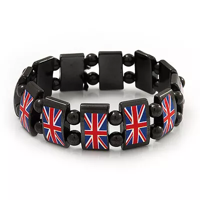 UK British Flag Union Jack Hematite Elasticated Bracelet - Up To 20cm Length • £8.99