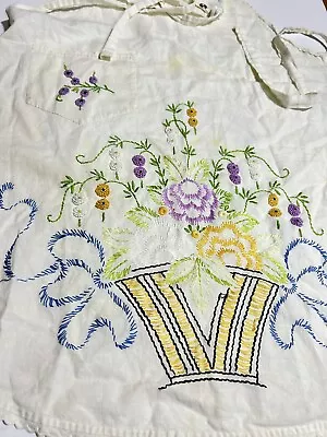 Vintage Hostess Full Bib Apron Cream Blue Purple Embroidery Flowers • $9.99