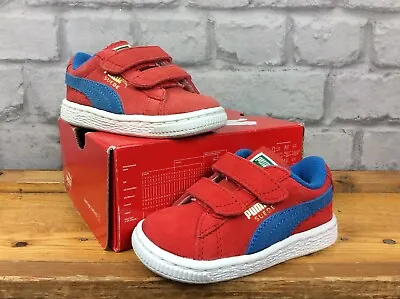 Puma Childrens Uk 4 Eu 20 Classic Red Blue Hook And Loop Suede Trainers Lg • £15.13