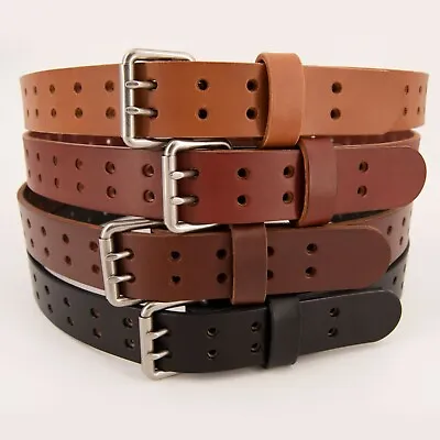 Men's Double Prong Full Grain Heavy-Duty Leather Belt 2 Hole - USA Made By Amish • $49.59