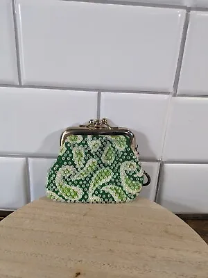 Vintage Green Pasley Pasley Bead Double Kiss Lock Coin Purse W/keychain • $8