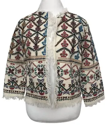 Zara Knit Floral Embroidered Beaded Fringe Hem Jacket Boxy Blazer Medium Cotton • $49.99