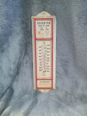 VINTAGE TIN ADVERTISING THERMOMETER BRIGHTON FEED & SEED  Sample No. 100 • $25