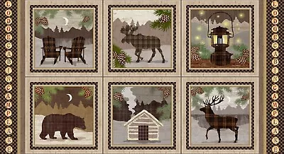 Cabin Lodge Camping Twilight Lake Panel Cotton Fabric Bear Deer Moose 24  X 43  • $9.70