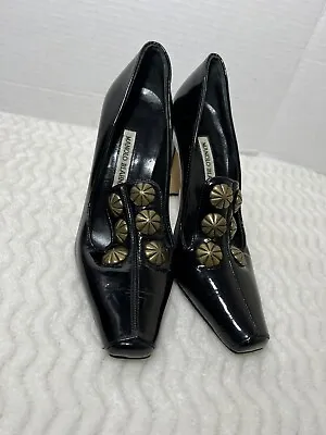 Manolo Blahnik UNIQUE PEWTER STUDS Black Pat Leather WORK-PARTY Pumps Heel 37.5 • $138.60