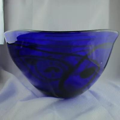 Huge 14  VIZ GLASS Blue & Black Studio Art Centerpiece Display Bowl Vase #3872 • $245