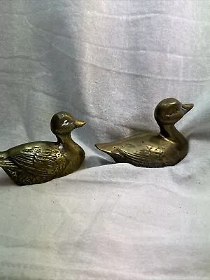 Vintage Pair Brass Ducks Small Figurines Made In Taiwan So Very Cute And Happy! • $12