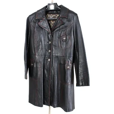 M/L Vintage 60s Black Leather Red Stitching Jacket Coat Mod Spy • $78