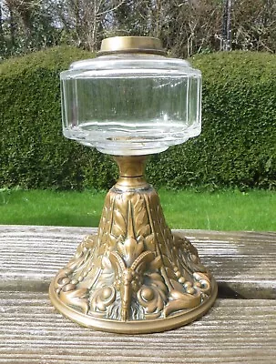 Vintage Brass Embossed Oil Lamp Base With Clear Faceted Glass Font - Rams Heads • £59